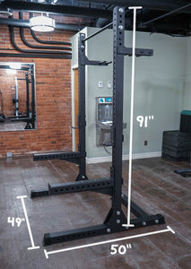 fitness store black squat rack 91" high, 50" wide. 49" long